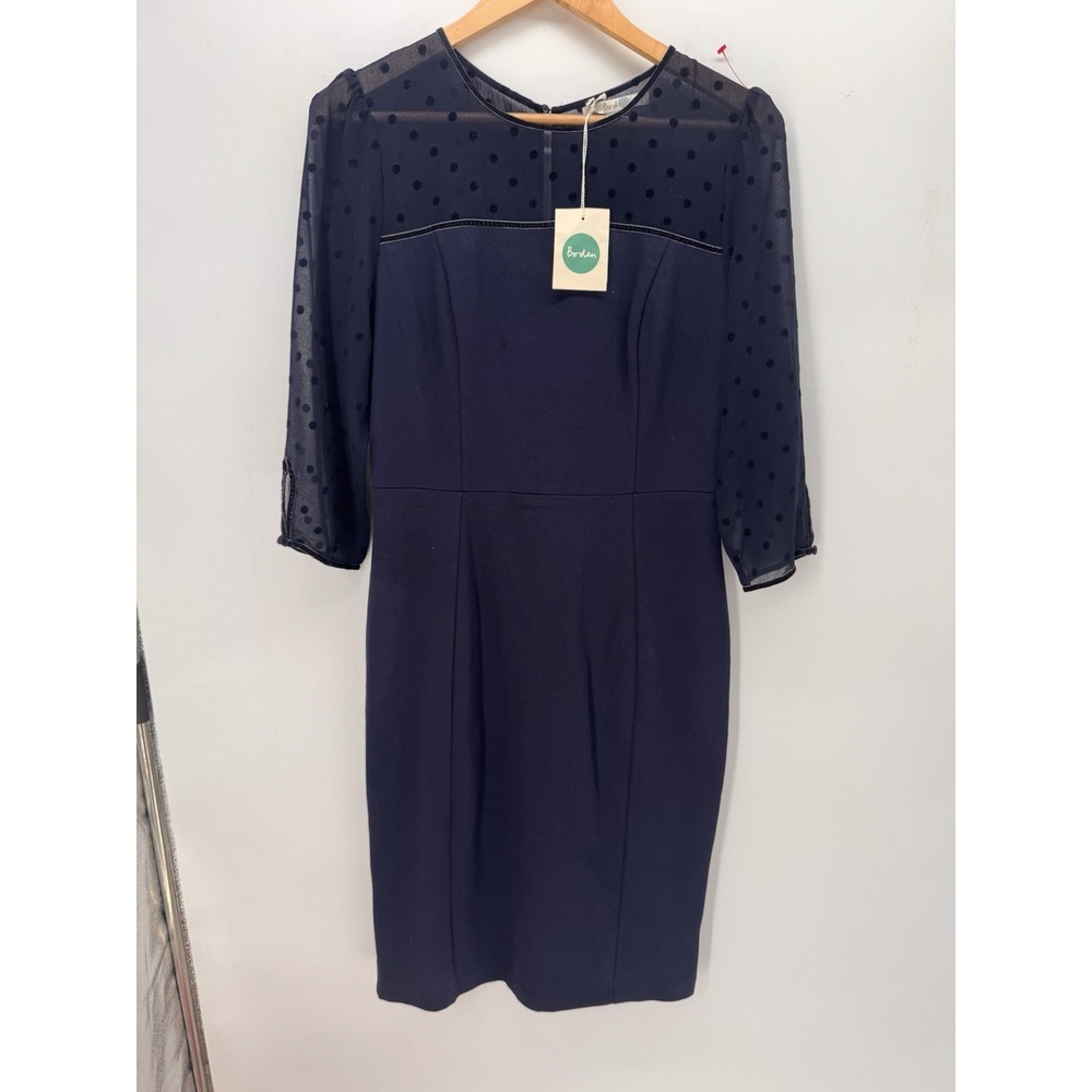 Boden Dress US 10 Navy Sheer Polka Dot Pencil Cocktail Work Holiday NWT
